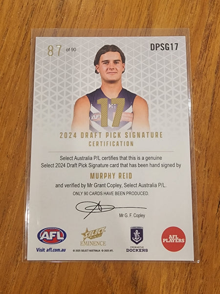 2025 AFL Select Eminence 2024 Draft Pick Signature Murphy Reid Fremantle DPSG17 87/90