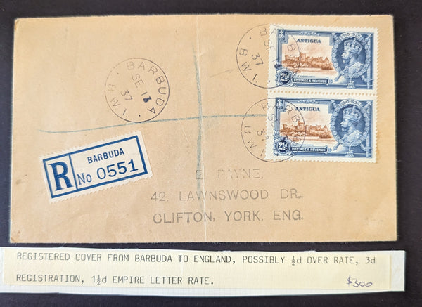 Antigua Barbuda Registered Cover to England 1937