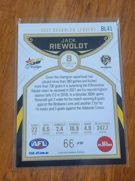2022 AFL Select Prestige 2021 Brownlow Leaders Jack Riewoldt Richmond 66/80