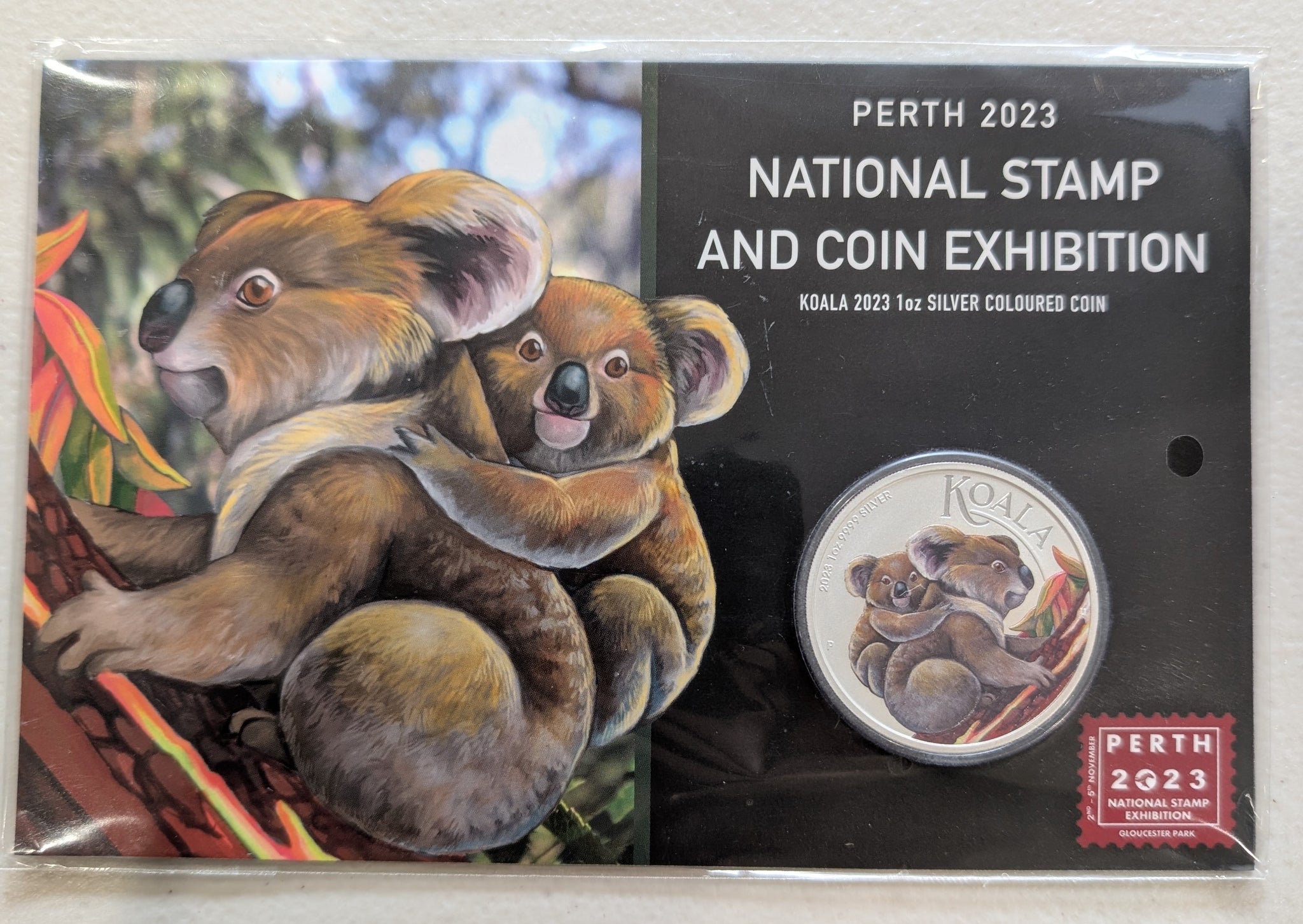Australia 2023 Perth Mint Australian Koala $1 1 oz Coloured Silver Proof Coin National Stamp and Coin Exhibition