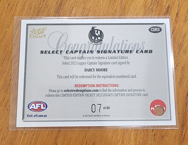 2023 AFL Select Legacy Captain Signature and Redemption Darcy Moore Collingwood 07/60 LOW