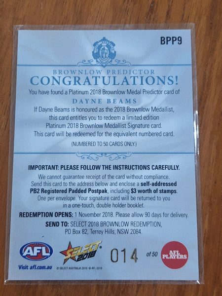 2018 AFL Select Platinum Brownlow Medal Predictor Dayne Beams Brisbane Lions BPP9 014/50