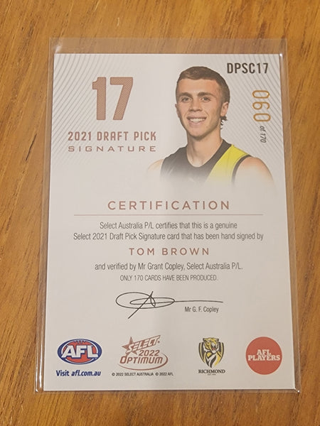 2022 AFL Select Optimum 2021 Draft Pick Signature Tom Brown 90/170