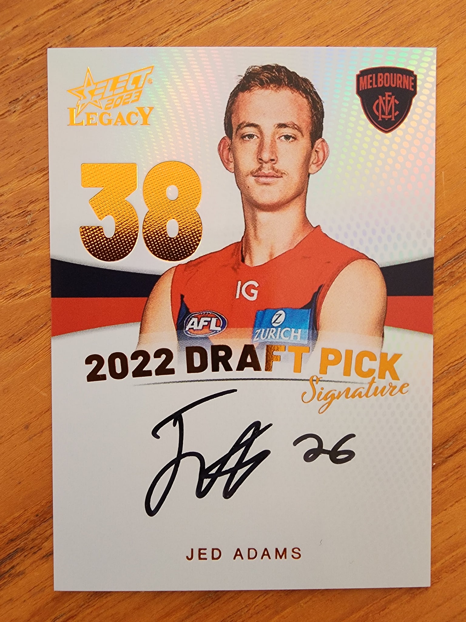 2023 AFL Select Legacy 2022 Draft Pick Signature Jed Adams Melbourne DPSC38
