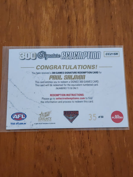 2024 AFL Select Legacy Ultimate Signature Redemption 300 games Paul Salmon Essendon  35/50