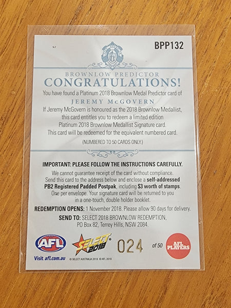 2018 AFL Select Platinum Brownlow Medal Predictor Braydon Fiorini Gold Coast Suns BPP58 024/50
