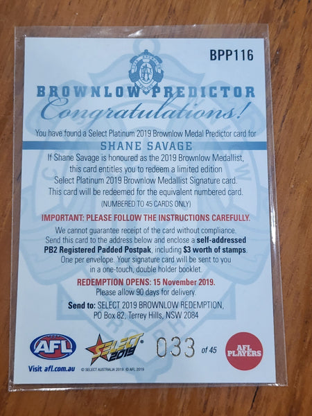 2019 AFL Select Platinum Brownlow Medal Predictor Shane Savage St Kilda BPP116 033/45