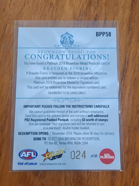 2018 AFL Select Platinum Brownlow Medal Predictor Braydon Fiorini Gold Coast Suns BPP58 024/50