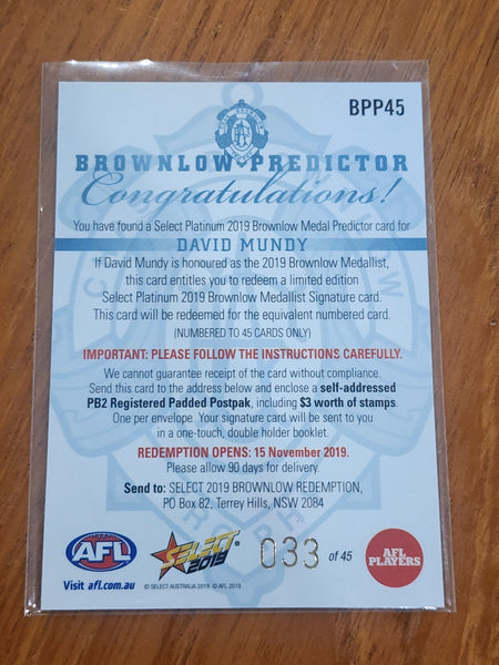 2019 AFL Select Platinum Brownlow Medal Predictor David Mundy Fremantle BPP45 033/45