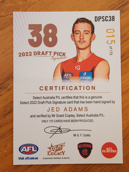 2023 AFL Select Legacy 2022 Draft Pick Signature Jed Adams Melbourne DPSC38