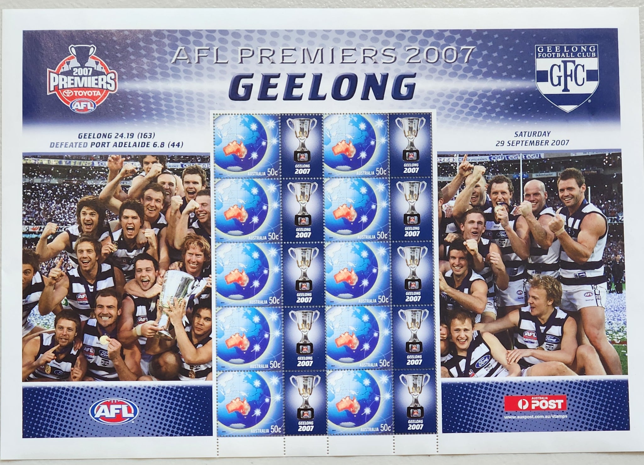 Australia 2007 50c AFL Football Premiers Geelong Cats SES Stamp Sheet. Limited edition