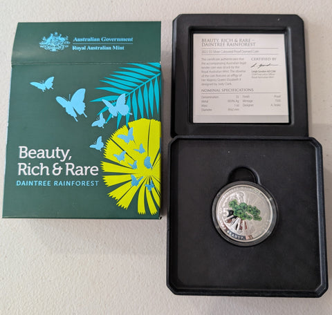 Australia 2022 RAM $5 Silver Coloured Proof Domed Coin Daintree Rainforest