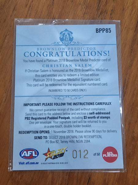 2018 AFL Select Platinum Brownlow Medal Predictor Christian Salem Melbourne BPP85 012/50