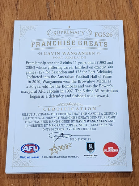 2024 AFL Select Supremacy Franchise Greats Gavin Wanganeen Signature Port Adelaide 46/50