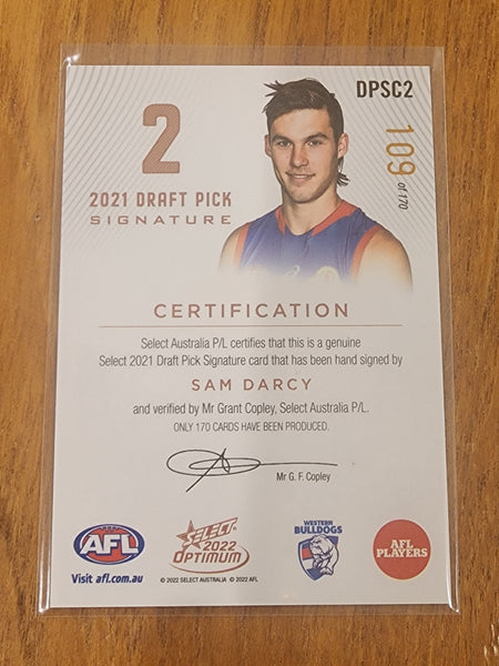 2022 AFL Select Optimum 2021 Draft Pick Signature Sam Darcy Bulldogs 109/170
