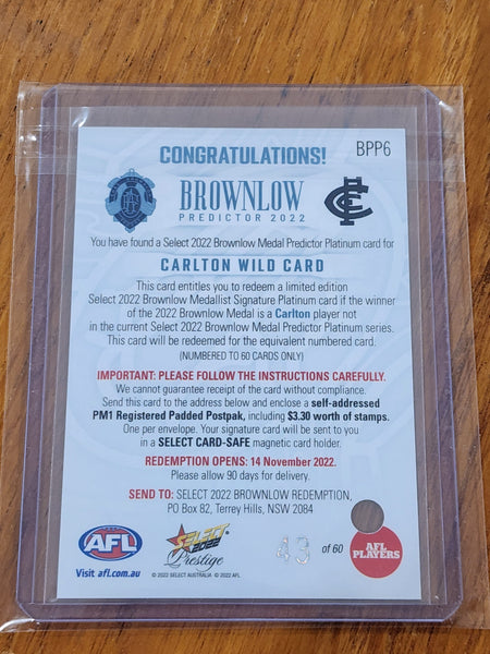 2022 AFL Select Prestige Brownlow Predictor Wild Card And Signed  Booklet Platinum Patrick Cripps Carlton 43/60