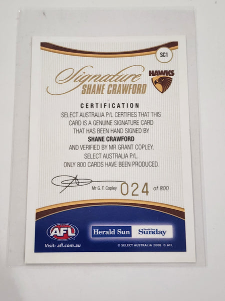 2008 AFL Select Herald Sun Signature Shane Crawford Hawthorn SC1 24/800