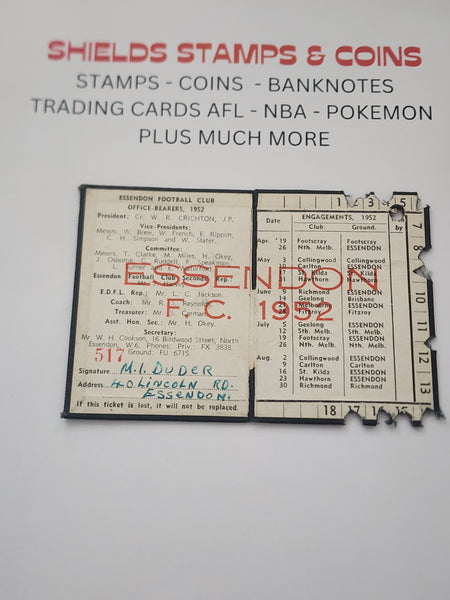 VFL 1952 Essendon Football Club Membership Season Ticket No. 517
