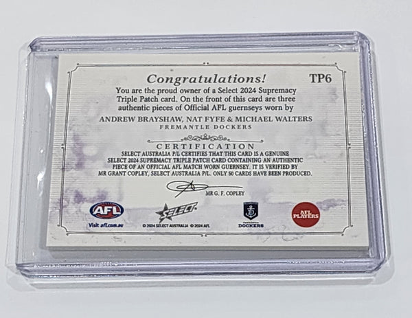 2024 AFL Select Supremacy Triple Patch Andrew Brayshaw Nat Fyfe Michael Walters Fremantle LOW 5/50 TP6