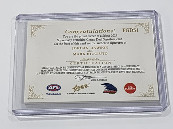 2024 AFL Select Supremacy Franchise Greats Jordan Dawson Mark Ricciuto Adelaide Signatures LOW 5/50
