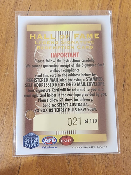 2018 AFL Select Hall Of Fame Legend Signatures and Redemption Royce Hart 21/110 LGS17