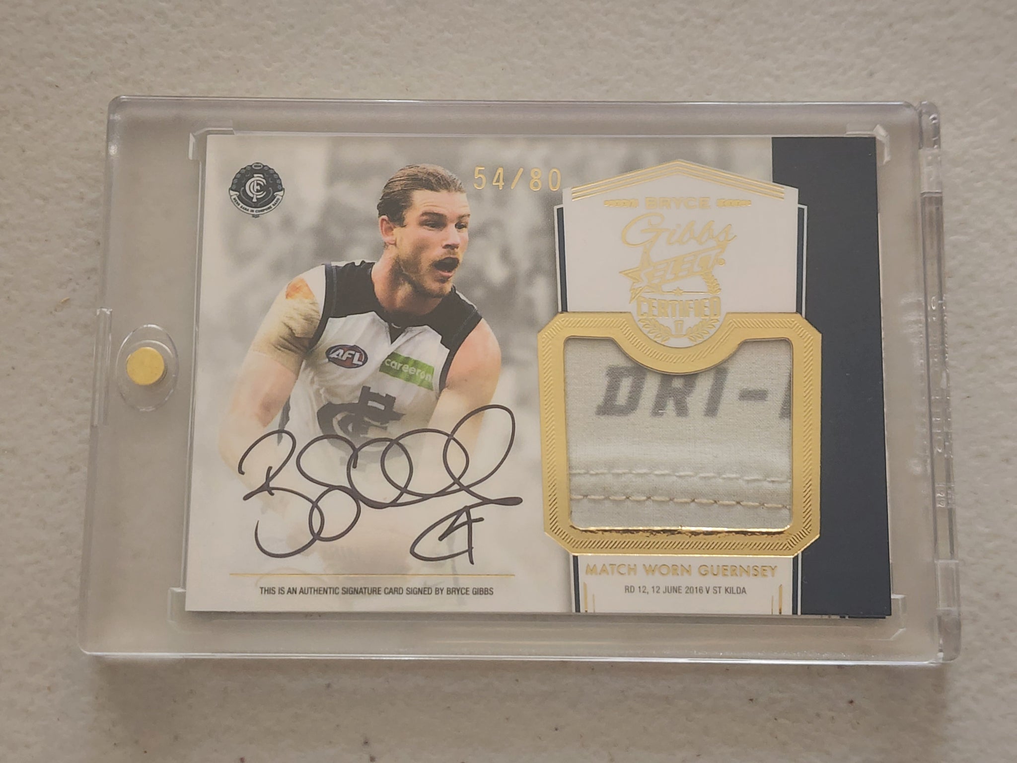 2017 AFL Select Certified Bryce Gibbs Redemption Match Worn Guernsey Signature Card Carlton 54/80