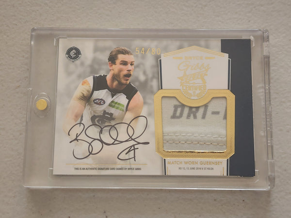 2017 AFL Select Certified Bryce Gibbs Redemption Match Worn Guernsey Signature Card Carlton 54/80