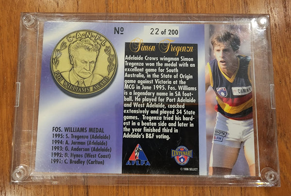 1996 Select AFL Series 1 SIMON TREGENZA Medal Card - Fos Williams Medallist MC5 22/200