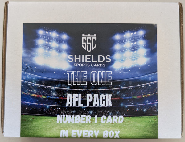 Box of Shields Sports Cards AFL pack with stadium image on a white background