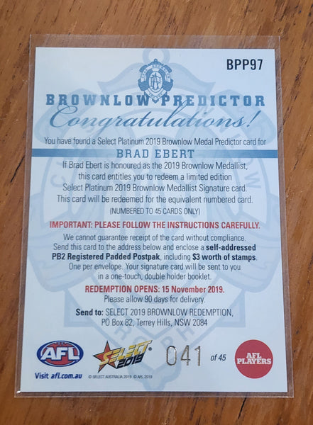 2019 AFL Select Platinum Brownlow Medal Predictor Brad Ebert Port Adelaide BPP97 041/45