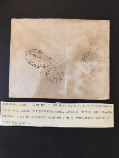 Mauritius 1935 Silver Jubilee Intercolonial Mail Registered Cover 2d Empire Letter Rate Back Stamped Capetown Rare
