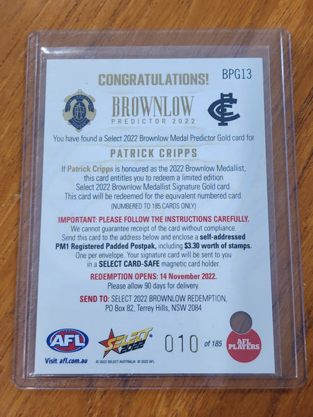 2022 AFL SELECT GOLD BROWNLOW SIGNATURE BOOKLET PATRICK CRIPPS CARLTON LOW 10/185 BPG13