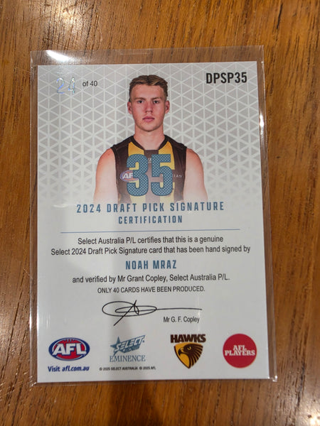 2025 AFL Select Eminence Draft Pick Signature Noah Mraz Hawthorn 24/40 DPSP35