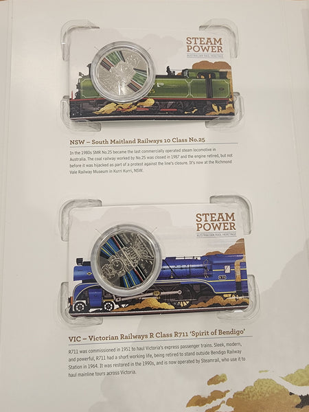 Australia 2022 Coloured 50c Fifty Cents Steam Power Set of 7 coins in Folder