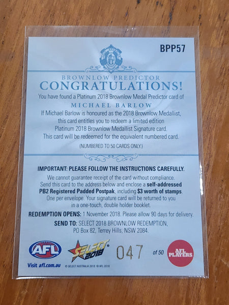 2018 AFL Select Platinum Brownlow Medal Predictor Michael Barlow Gold Coast BPP57 047/50