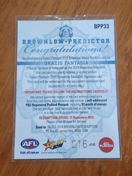 2019 AFL Select Platinum Brownlow Medal Predictor Orazio Fantasia Essendon BPO33 016/45