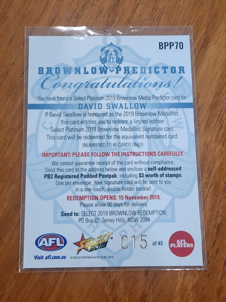 2019 AFL Select Platinum Brownlow Medal Predictor David Swallow Gold Coast Suns BPP70 015/45