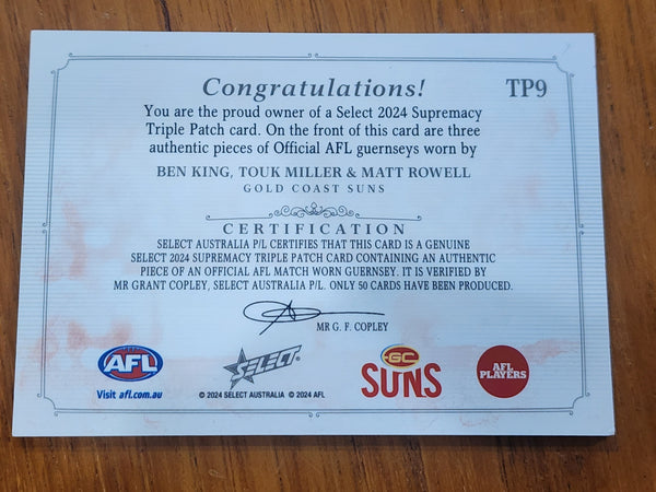 2024 AFL Select Supremacy Triple Patch Ben King Touk Miller Matt Rowell Gold Coast 19/50 TP9