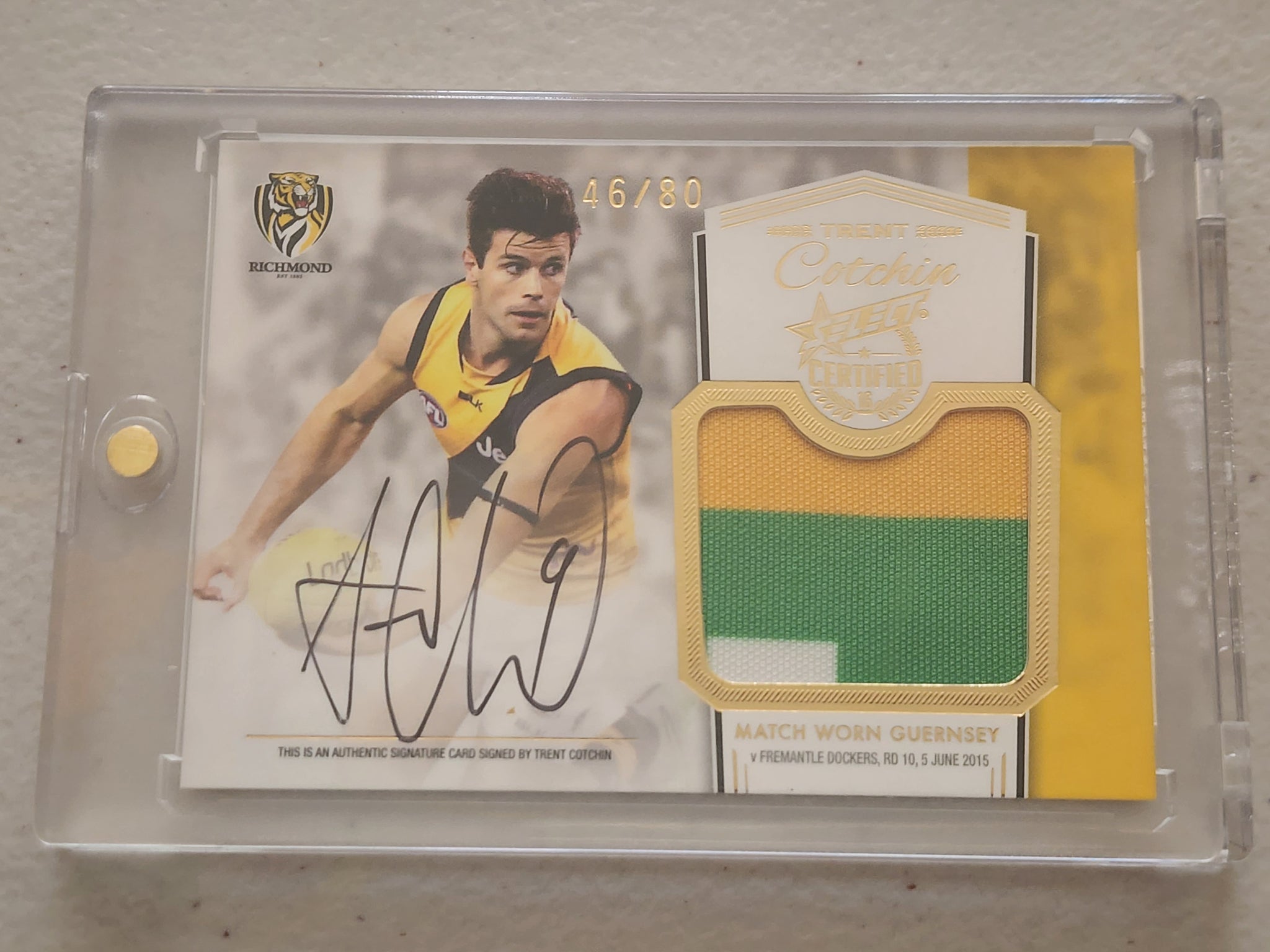 2016 AFL Certfied Trent Cotchin Redemption Match Worn Guersey Signature Card Richmond 46/80