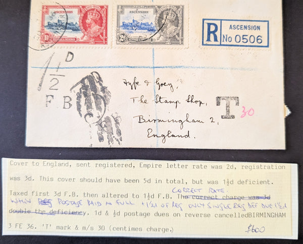 Ascension 1935 Silver Jubilee Registered Cover to The Stamp Shop Birmingham England