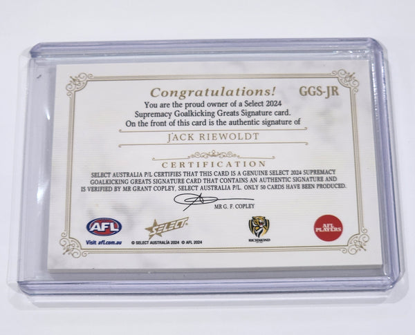 2024 AFL Select Supremacy Goalkicking Greats Jack Riewoldt Richmond Signature card 44/50