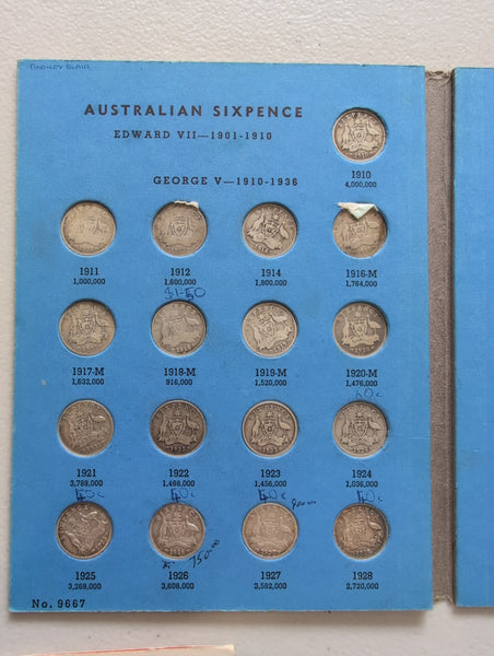 Australia 1910-63 Complete Set 6d Sixpence Silver Coins Very Good to about Uncirculated Condition
