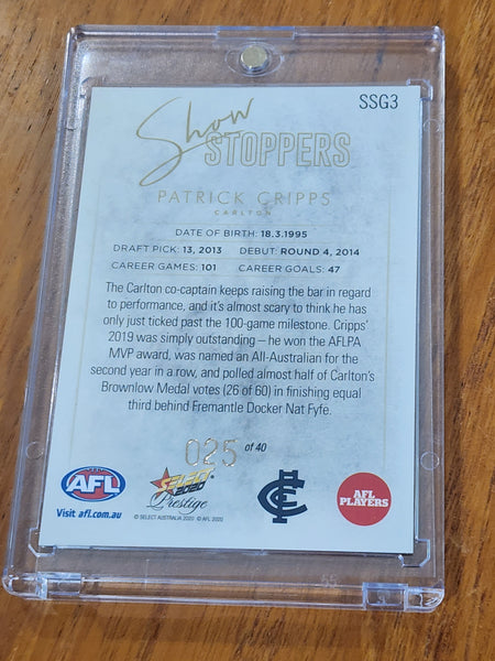 2020 AFL Select Prestige Showstoppers Patrick Cripps Carlton SSG3 25/40