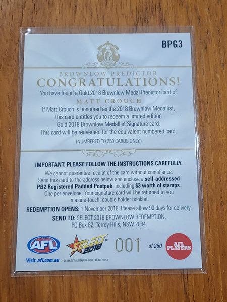 2018 AFL Select Gold Brownlow Predictor  Matt Crouch Adelaide LOW 001/250 BPG3