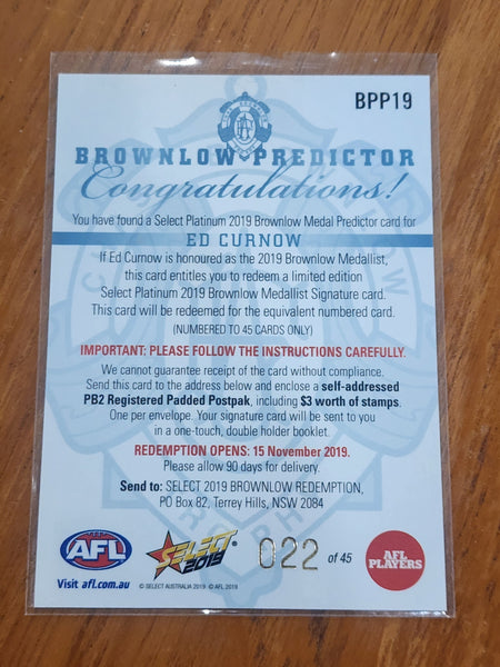 2019 AFL Select Platinum Brownlow Medal Predictor card Ed Curnow Carlton BPP19 022/45