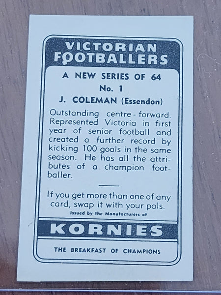 VFL Cards - 1950 VFL Kornies Victorian Footballers - John Coleman #1 Essendon