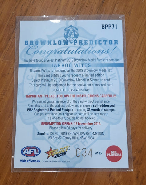 2019 AFL Select Platinum Brownlow Medal Predictor Jarrod Witts Gold Coast Suns BPP71 034/45