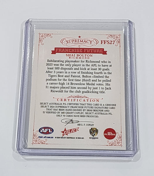 2024 AFL Select Supremacy Shai Bolton Richmond Signature Card 47/70 FFS27