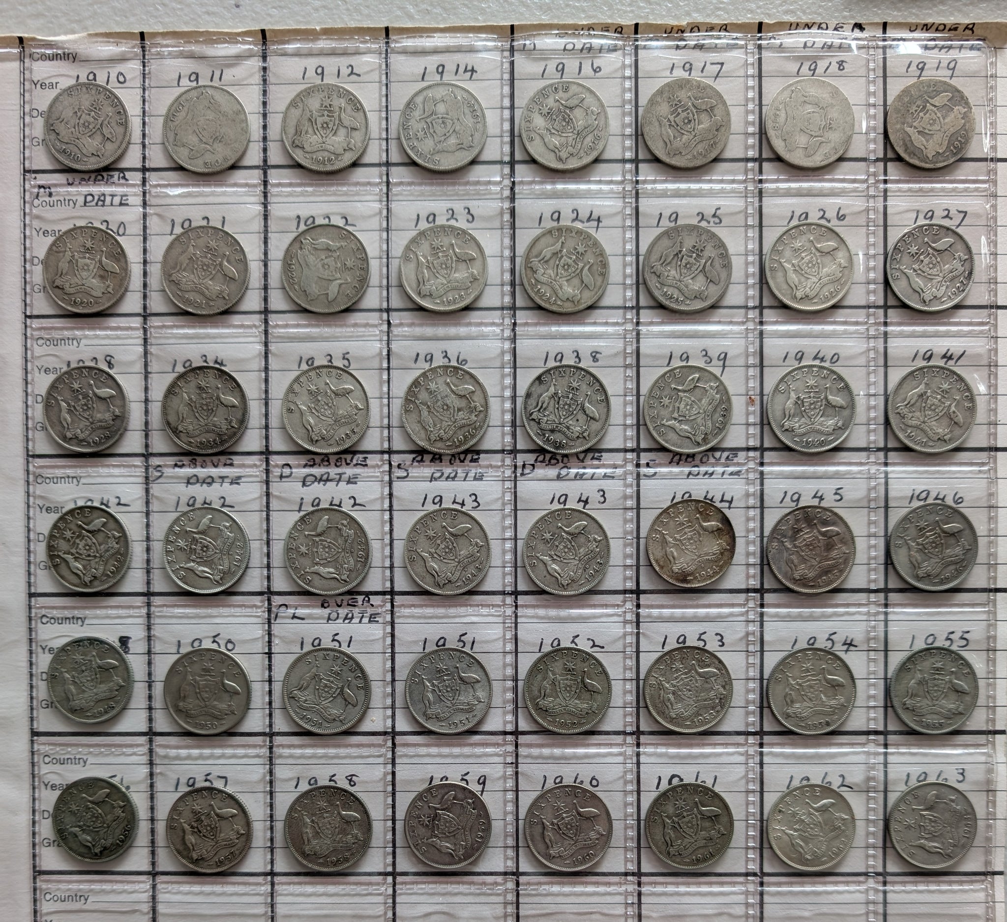 Australia 1910-63 Complete Silver 6d Sixpence Set on Page