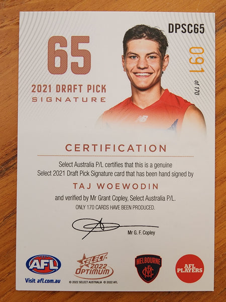 2022 AFL Select Optimum Signature card Taj Woewodin Melbourne 91/170  DPSC65